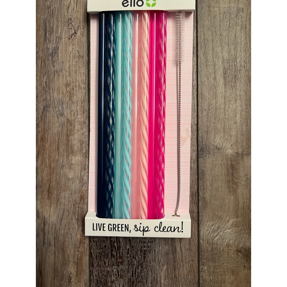 NEW Ello Reusable Plastic Straws with Cleaning Brush, One Size, Blue & Pink